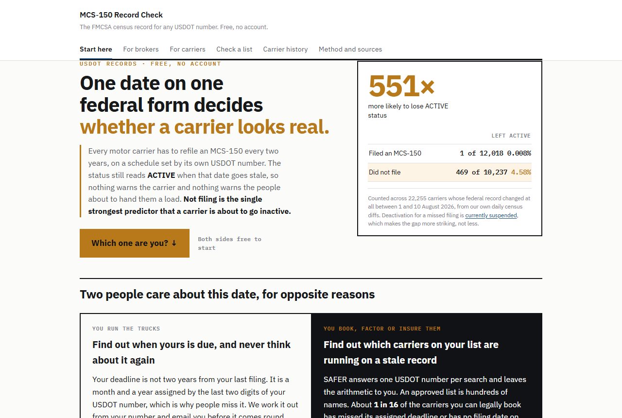 MCS-150 Record Check: federal filing-date checker.
